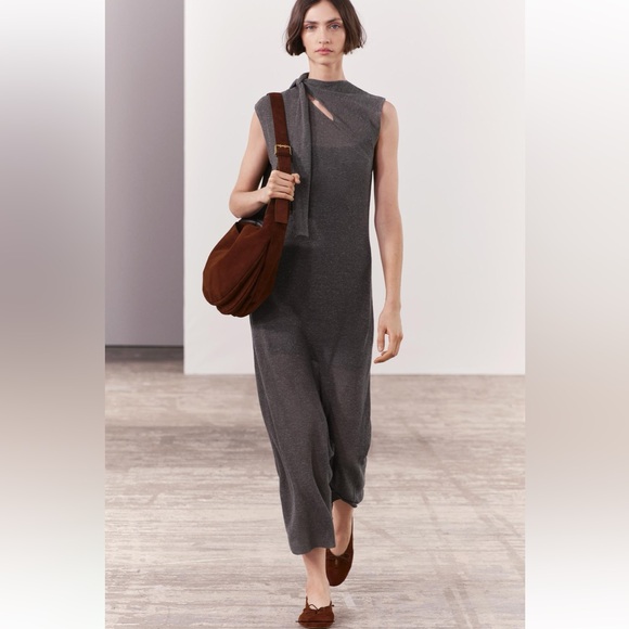 Zara Gray Tie-Front Midi Dress - Chic Sleeveless Workwear (Size S, NWT) - Picture 2 of 8